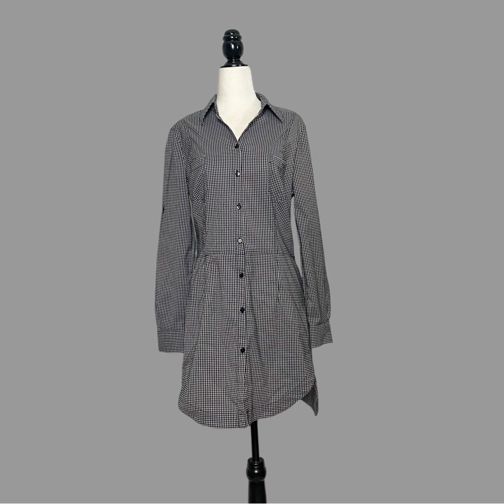 💜10💜 Midi Dress Gingham Plaid Black and White Buttondown Shirtdress Long Sleeve